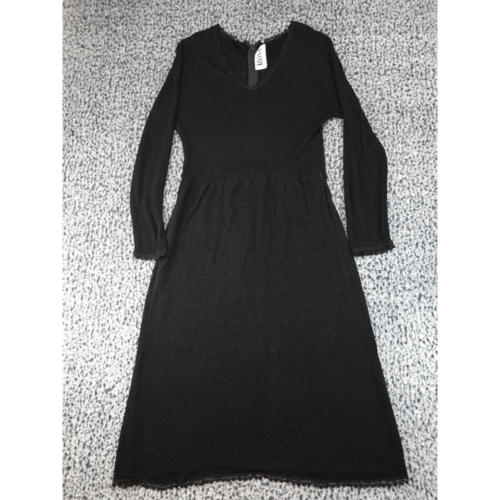 Rona New York Vintage Knit‎ Dress Womens Black Good Lace Trim V-Neck Midi USA